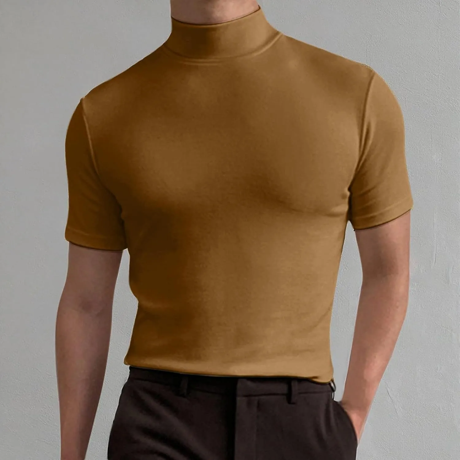 Men's Summer Mock Turtleneck T Shirt Solid High Collar Short Sleeve Tops Basic Slim Undershirt Tees
