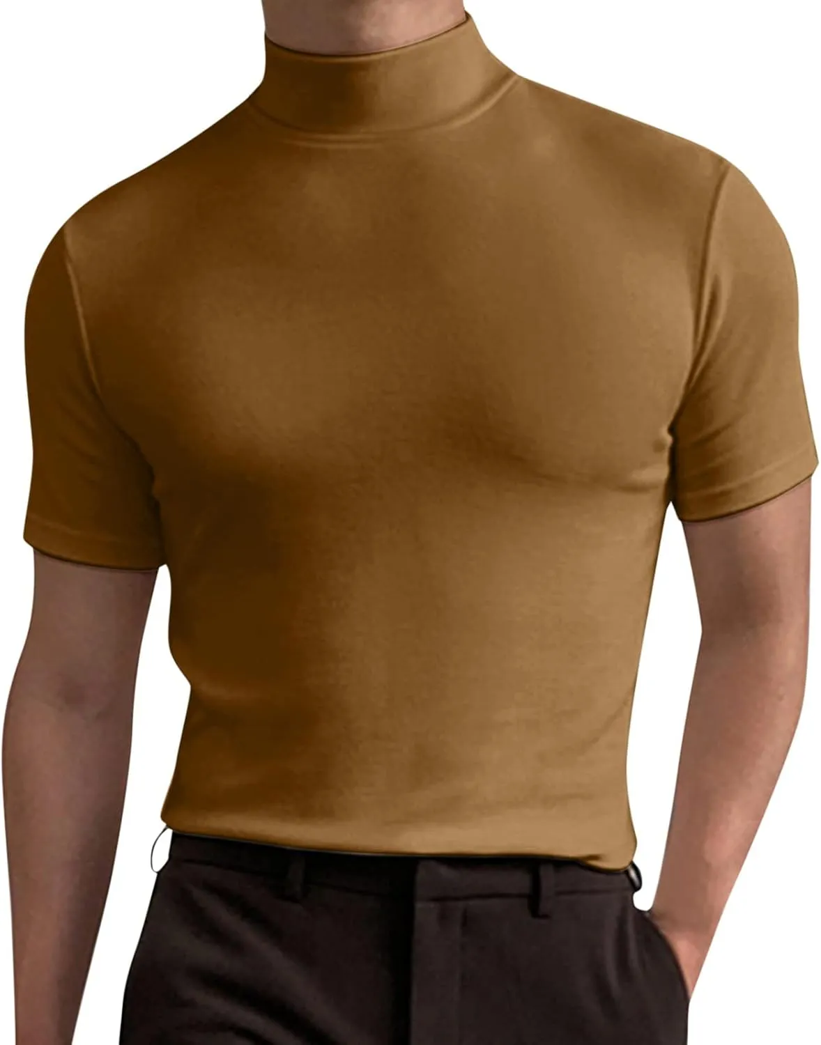 Men's Summer Mock Turtleneck T Shirt Solid High Collar Short Sleeve Tops Basic Slim Undershirt Tees