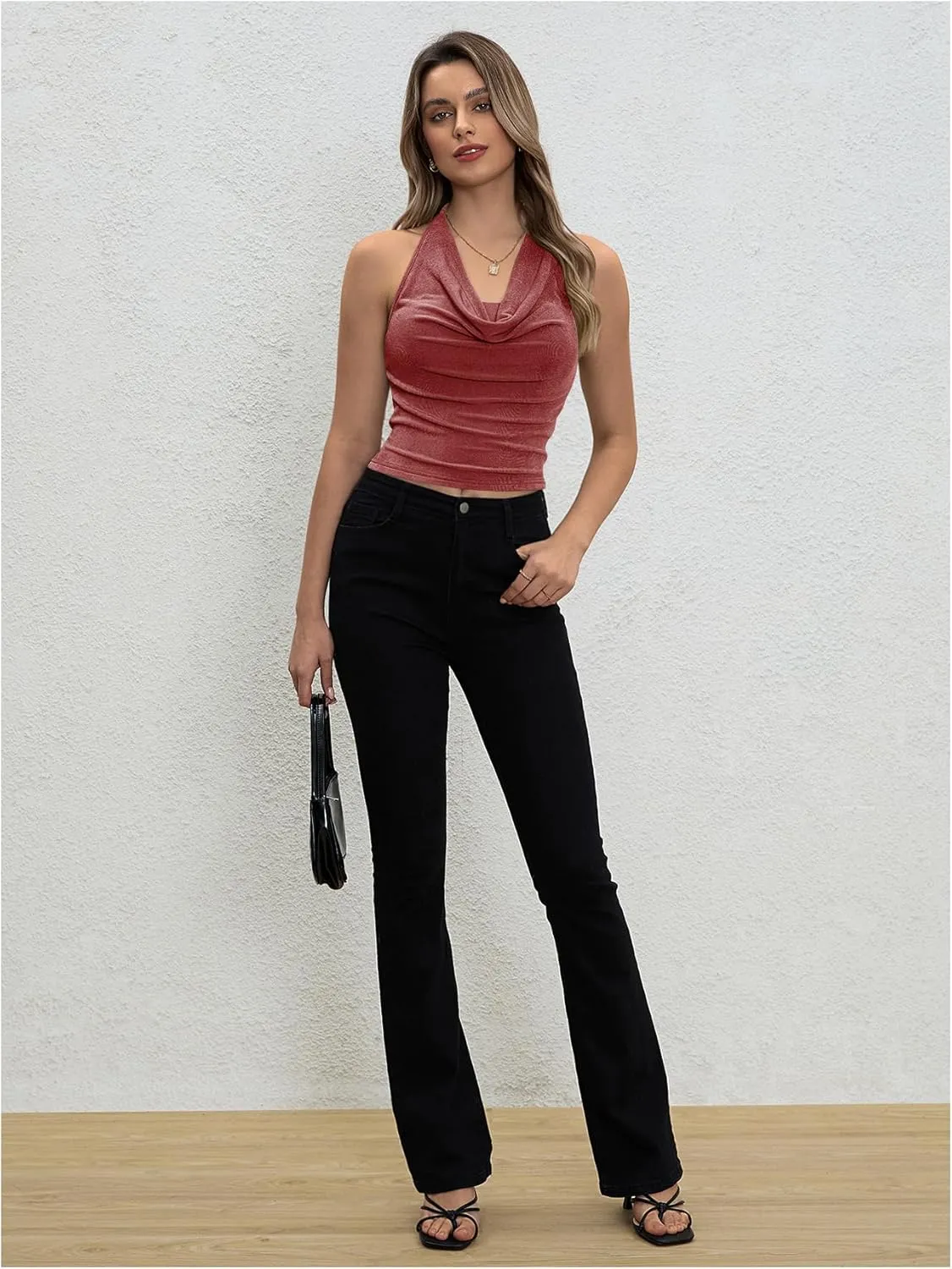Milumia Women Ruched Halter Y2k Crop Tops Backless Cowl Neck Sleeveless Shirts