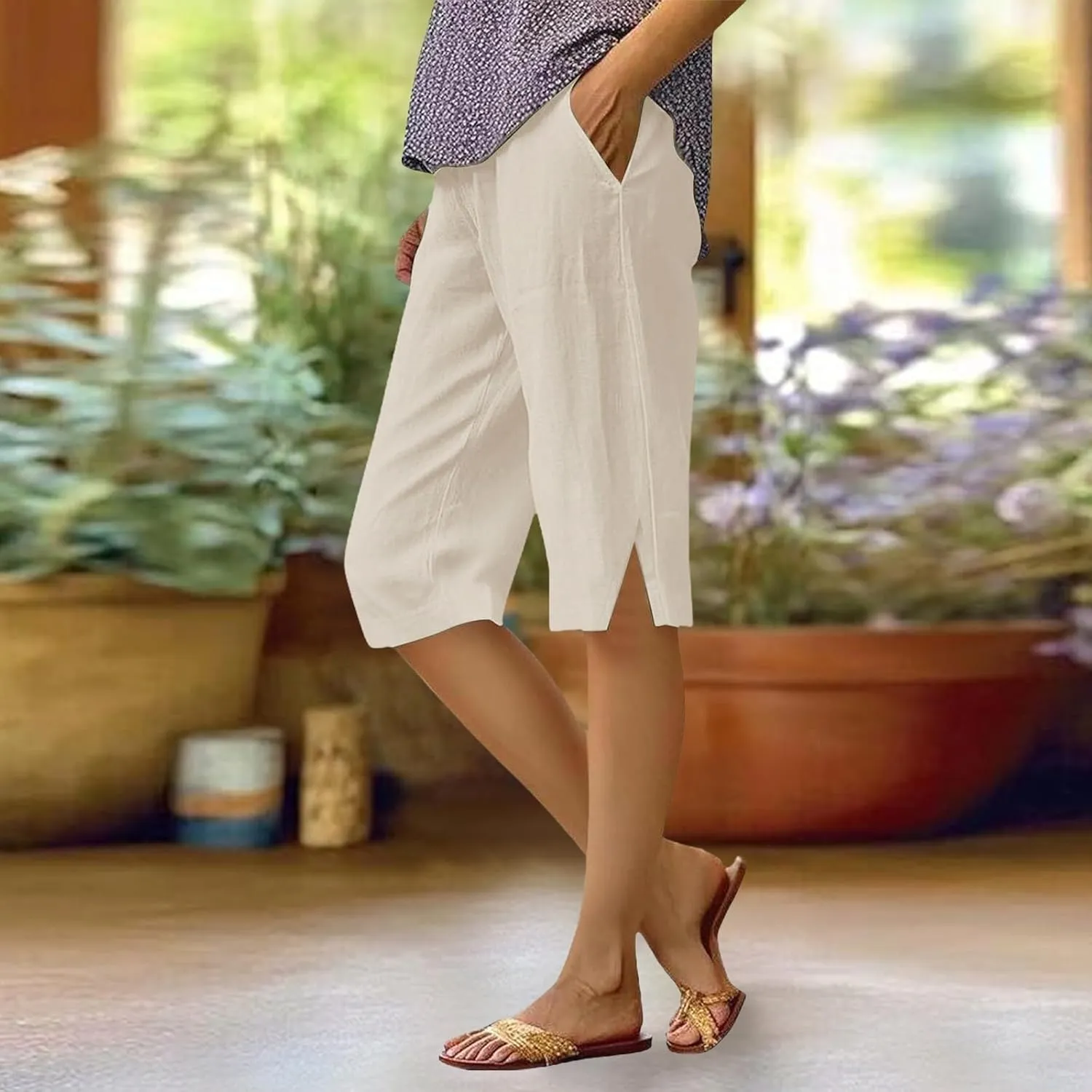 Pedal Pushers for Women Lightweight Linen Capri Pants Casual Elastic Waist Bermuda Shorts Summer Beach Pant