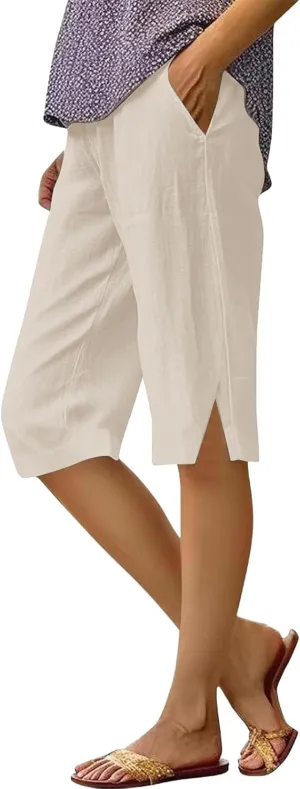Pedal Pushers for Women Lightweight Linen Capri Pants Casual Elastic Waist Bermuda Shorts Summer Beach Pant