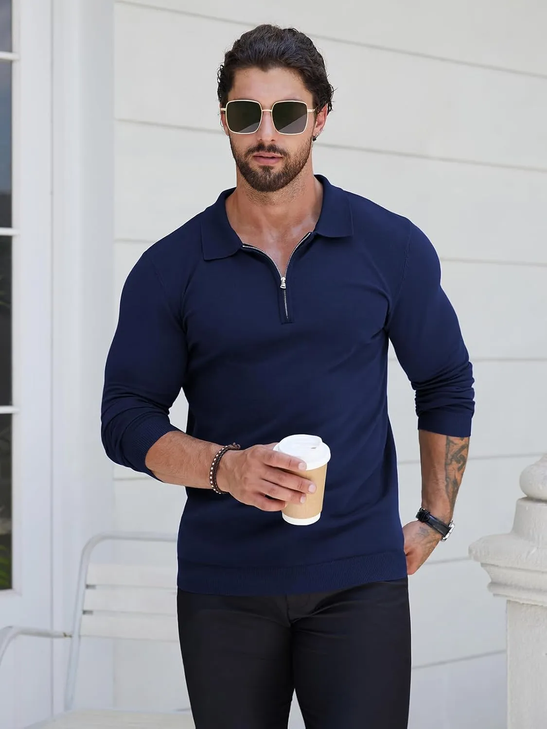 RQP Mens Zipper Polo Shirts Knit Casual Shirts Short/Long Sleeve,Stretch Slim Fit Golf Shirts,Soft Pullover