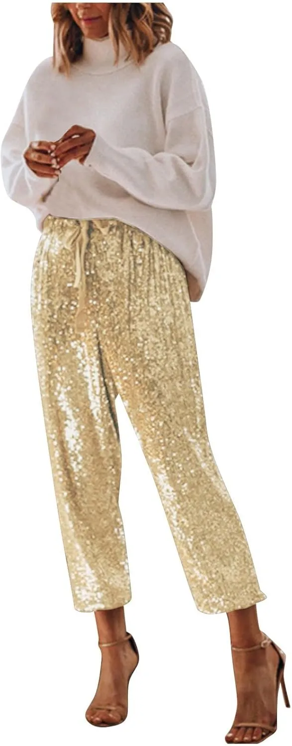 sdbrld Sparkle Pants Women,Womens Sequin Pants Shiny Glitter Bling Evening Party Pants Fashion Pencil Pants with Drawstring