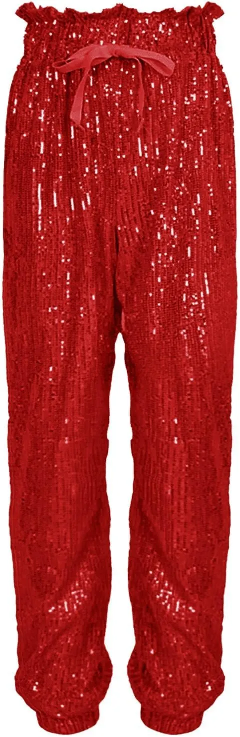 sdbrld Sparkle Pants Women,Womens Sequin Pants Shiny Glitter Bling Evening Party Pants Fashion Pencil Pants with Drawstring