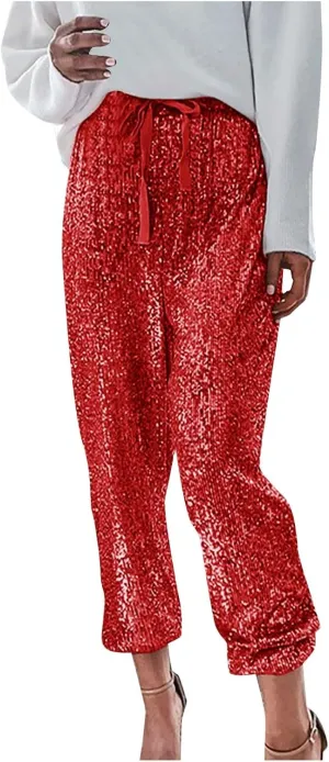 sdbrld Sparkle Pants Women,Womens Sequin Pants Shiny Glitter Bling Evening Party Pants Fashion Pencil Pants with Drawstring