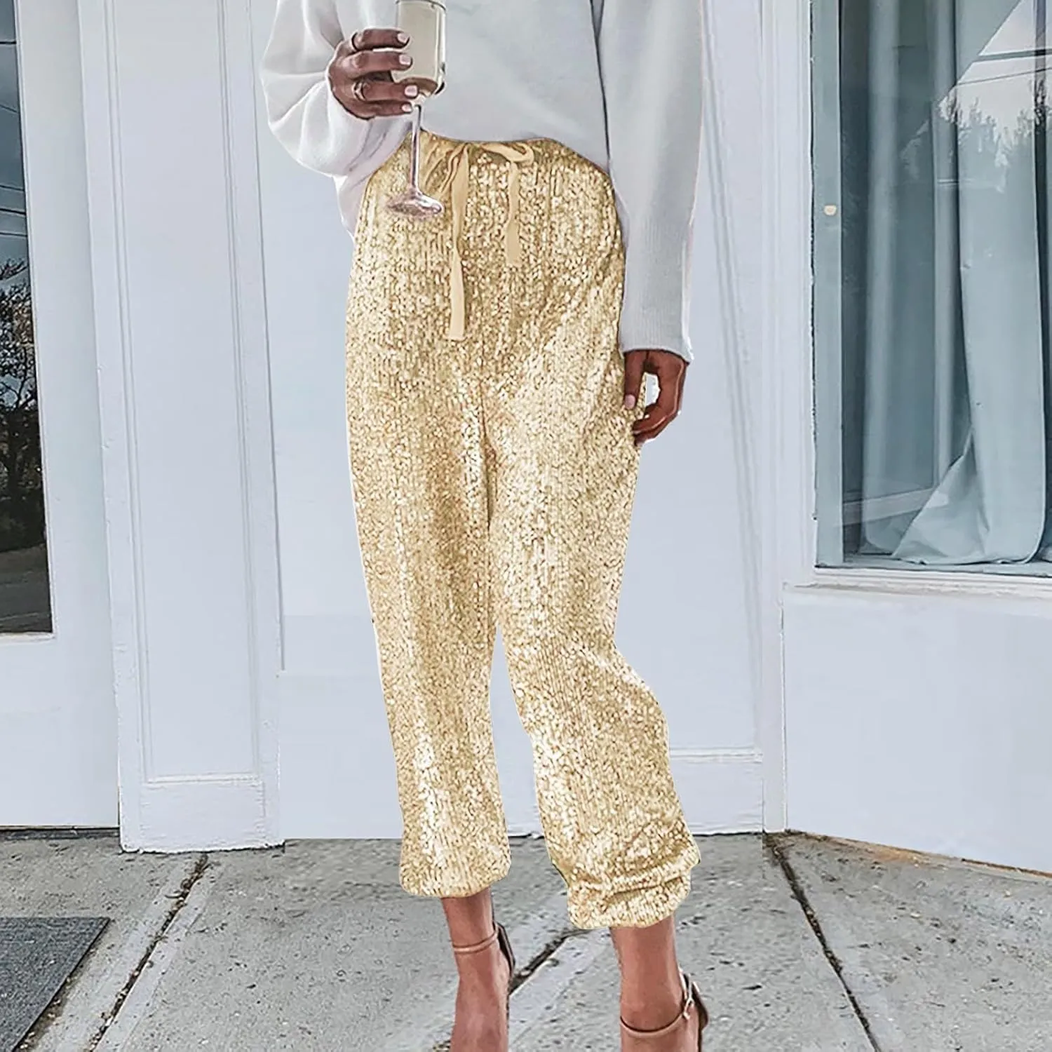 sdbrld Sparkle Pants Women,Womens Sequin Pants Shiny Glitter Bling Evening Party Pants Fashion Pencil Pants with Drawstring