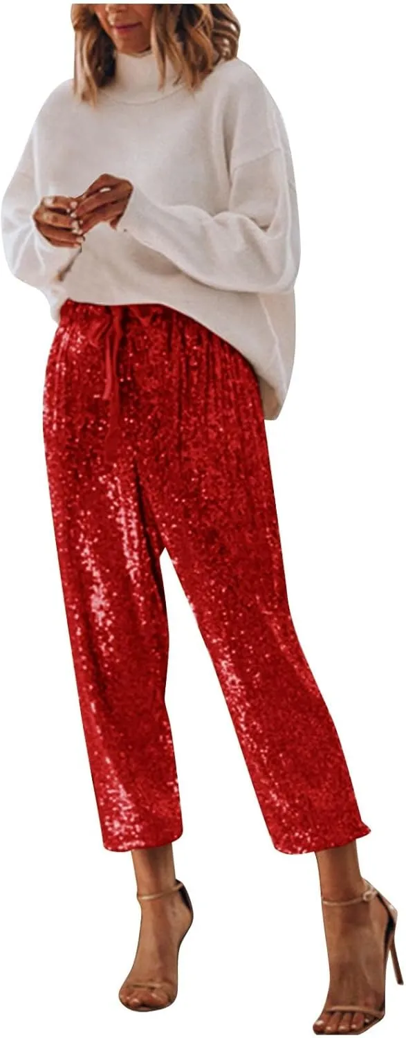 sdbrld Sparkle Pants Women,Womens Sequin Pants Shiny Glitter Bling Evening Party Pants Fashion Pencil Pants with Drawstring