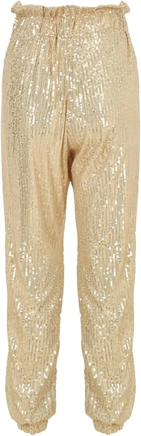 sdbrld Sparkle Pants Women,Womens Sequin Pants Shiny Glitter Bling Evening Party Pants Fashion Pencil Pants with Drawstring