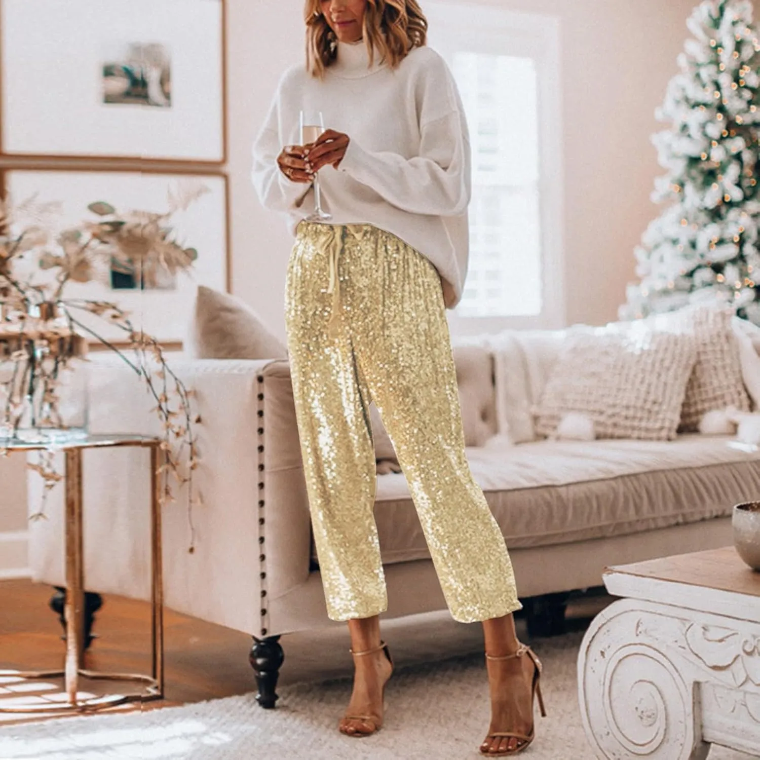 sdbrld Sparkle Pants Women,Womens Sequin Pants Shiny Glitter Bling Evening Party Pants Fashion Pencil Pants with Drawstring