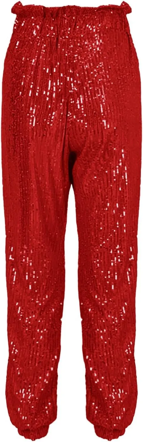 sdbrld Sparkle Pants Women,Womens Sequin Pants Shiny Glitter Bling Evening Party Pants Fashion Pencil Pants with Drawstring