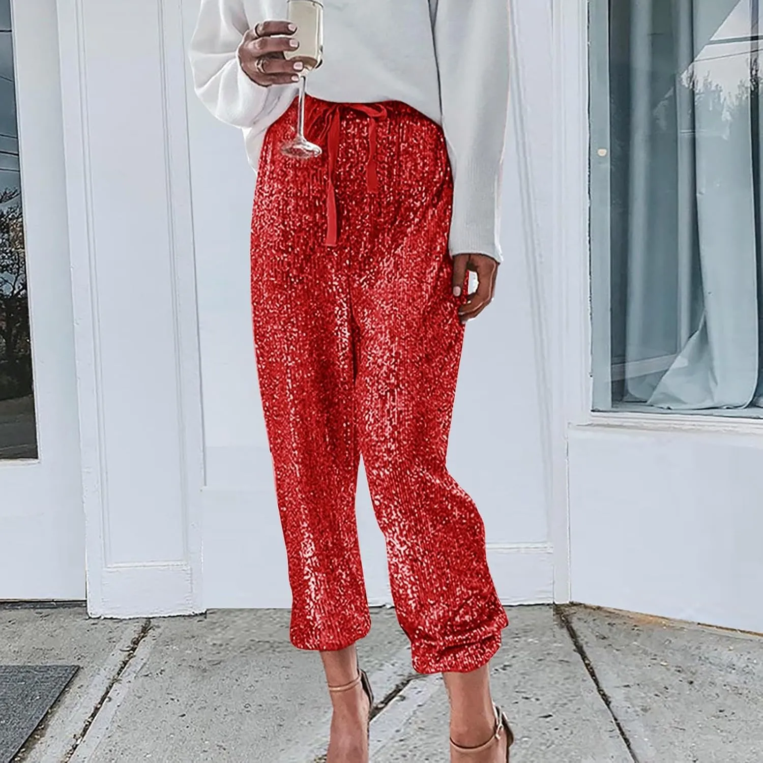 sdbrld Sparkle Pants Women,Womens Sequin Pants Shiny Glitter Bling Evening Party Pants Fashion Pencil Pants with Drawstring