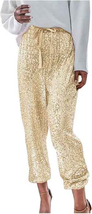 sdbrld Sparkle Pants Women,Womens Sequin Pants Shiny Glitter Bling Evening Party Pants Fashion Pencil Pants with Drawstring