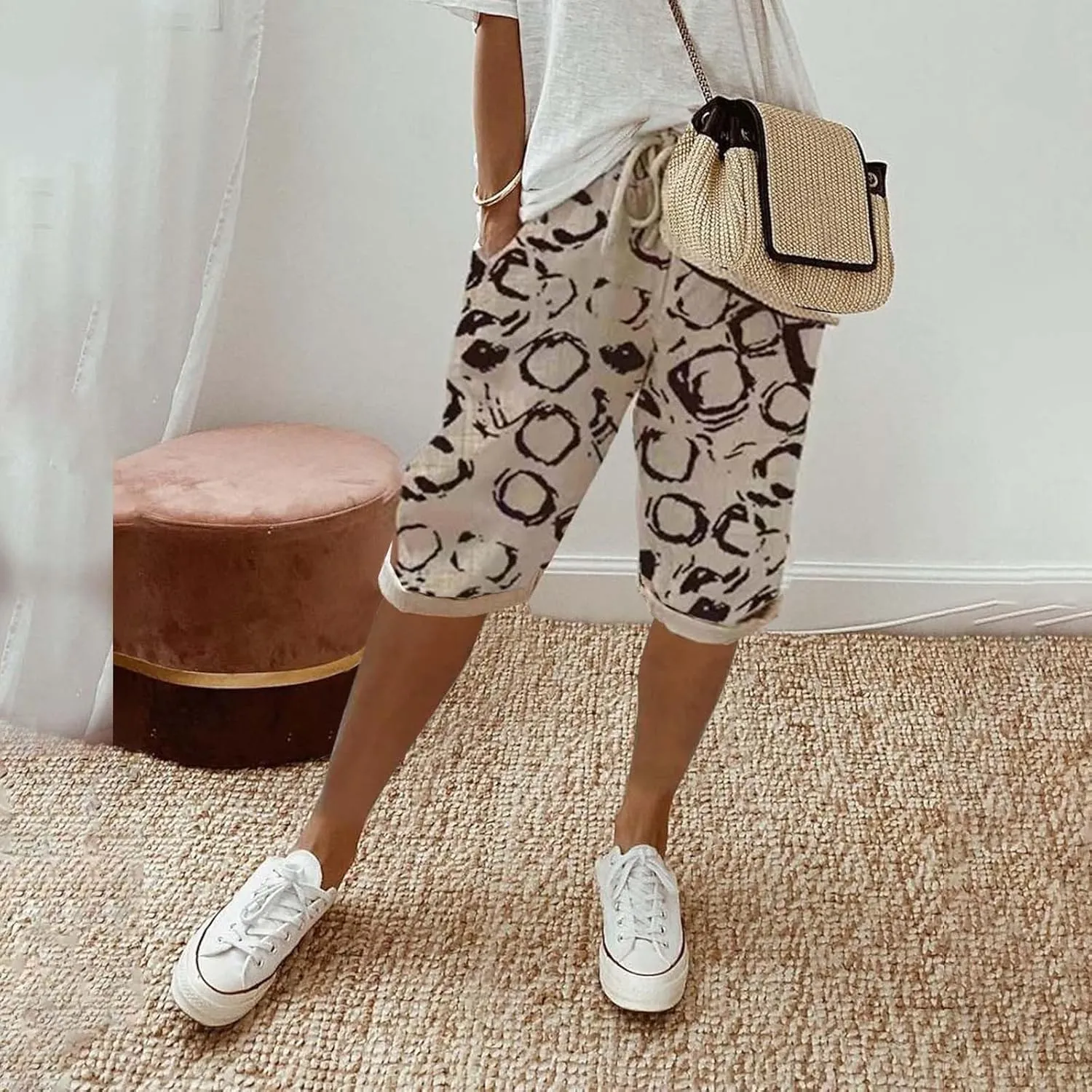 SHAOBGE Summer Pants for Women 2024 Women's Knee Length Short Pants Ladies Loose Drawstring Casual Trendy Pants