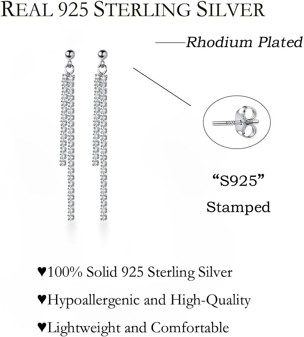 SLUYNZ Sterling Silver Crystal Rhinestone Linear Drop Earrings for Women Teens CZ Long Dangle Earrings Tassel Chain Studs