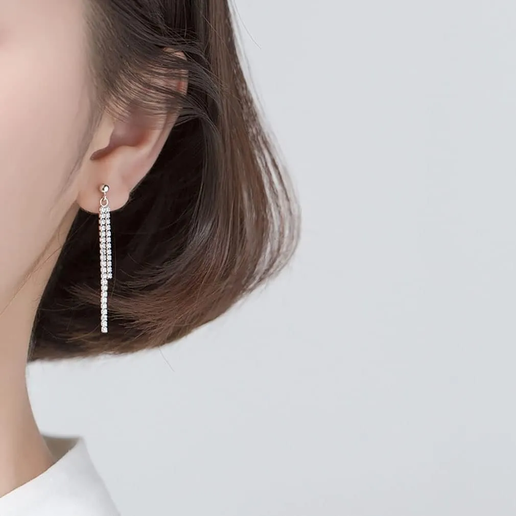 SLUYNZ Sterling Silver Crystal Rhinestone Linear Drop Earrings for Women Teens CZ Long Dangle Earrings Tassel Chain Studs