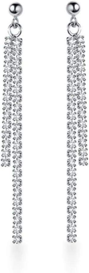 SLUYNZ Sterling Silver Crystal Rhinestone Linear Drop Earrings for Women Teens CZ Long Dangle Earrings Tassel Chain Studs