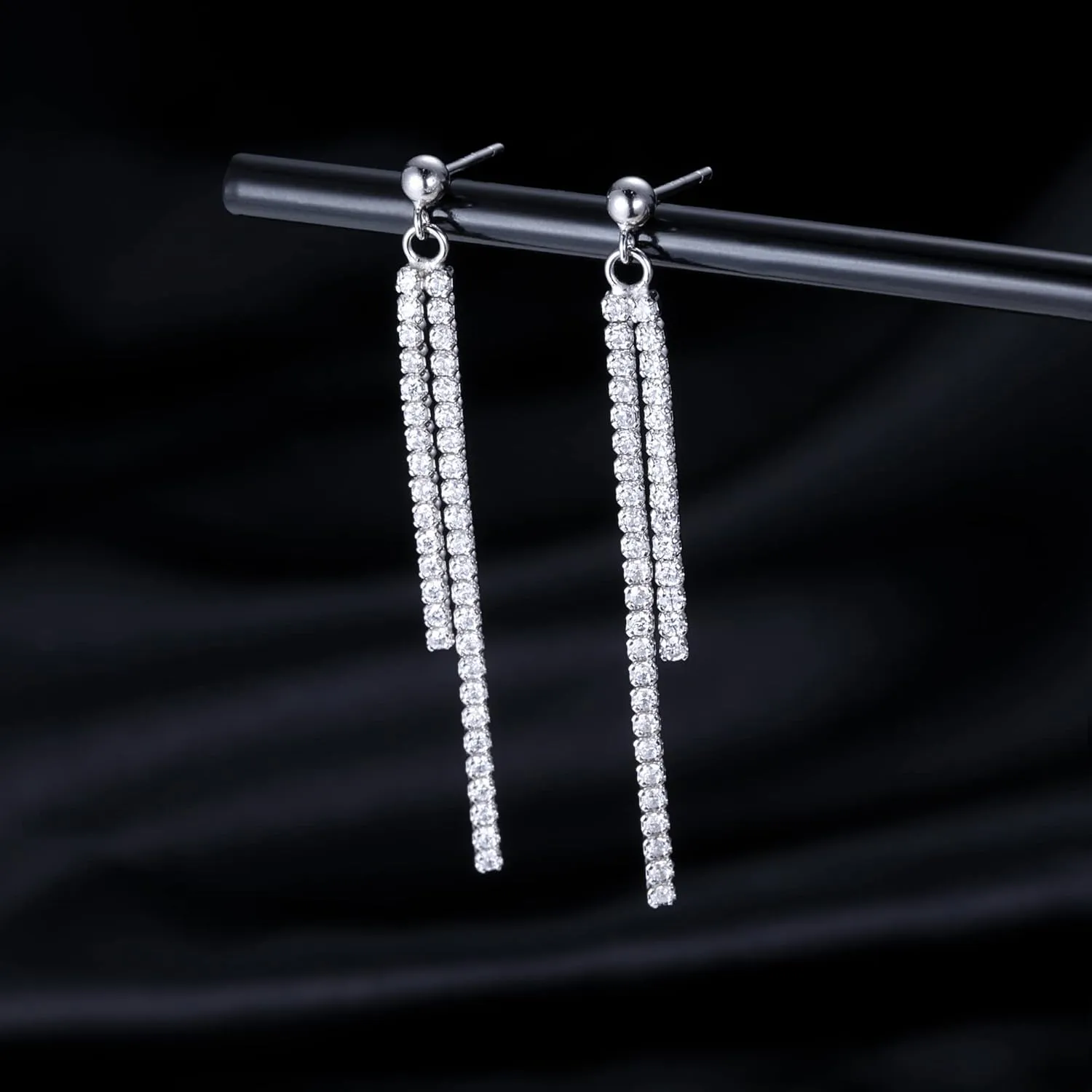 SLUYNZ Sterling Silver Crystal Rhinestone Linear Drop Earrings for Women Teens CZ Long Dangle Earrings Tassel Chain Studs