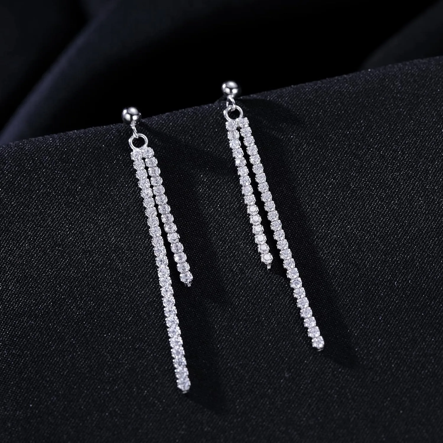 SLUYNZ Sterling Silver Crystal Rhinestone Linear Drop Earrings for Women Teens CZ Long Dangle Earrings Tassel Chain Studs