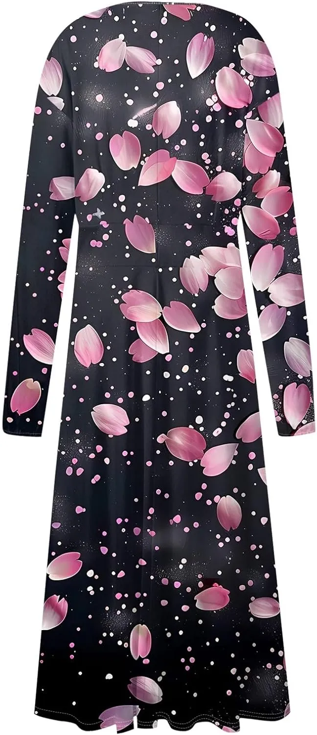 Spring Dresses for Women 2025 Long Sleeve Casual V Neck Loose Flowy Maxi Sundress Holiday A Line Dress Resort Wear