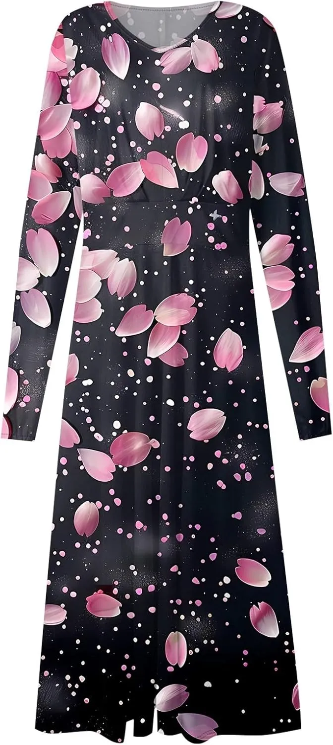 Spring Dresses for Women 2025 Long Sleeve Casual V Neck Loose Flowy Maxi Sundress Holiday A Line Dress Resort Wear