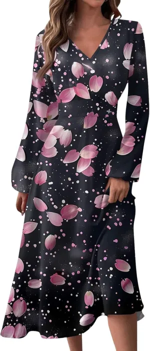 Spring Dresses for Women 2025 Long Sleeve Casual V Neck Loose Flowy Maxi Sundress Holiday A Line Dress Resort Wear