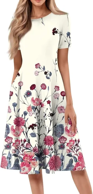 Summer Dresses for Women 2025 Elegant Pleated A Line Short Sleeve Midi Dress Boho Floral Beach Dresses Hawaiian Dress