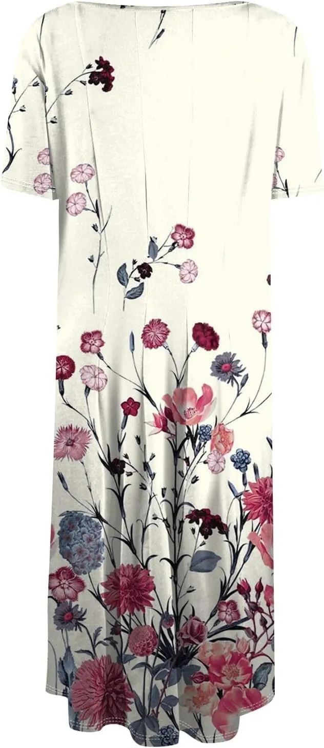 Summer Dresses for Women 2025 Elegant Pleated A Line Short Sleeve Midi Dress Boho Floral Beach Dresses Hawaiian Dress