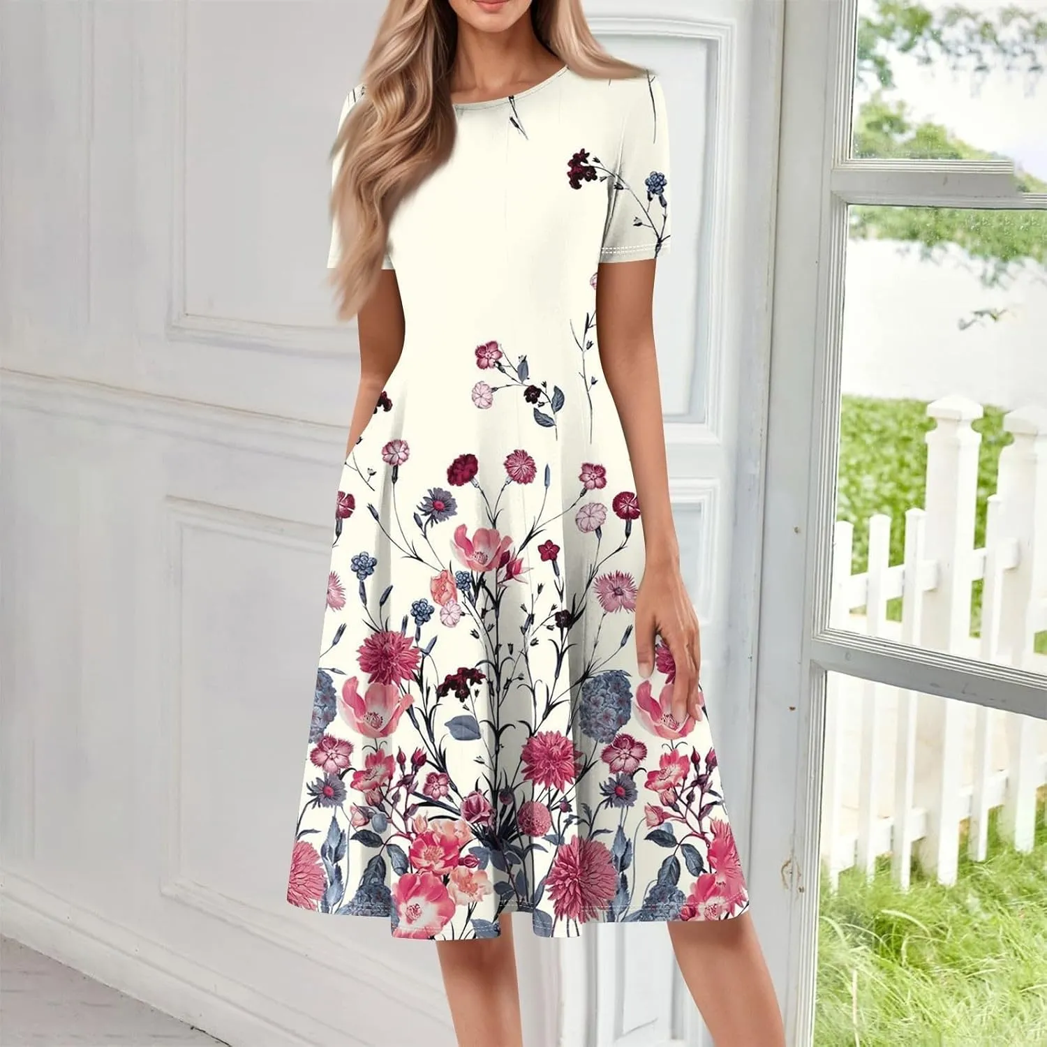 Summer Dresses for Women 2025 Elegant Pleated A Line Short Sleeve Midi Dress Boho Floral Beach Dresses Hawaiian Dress