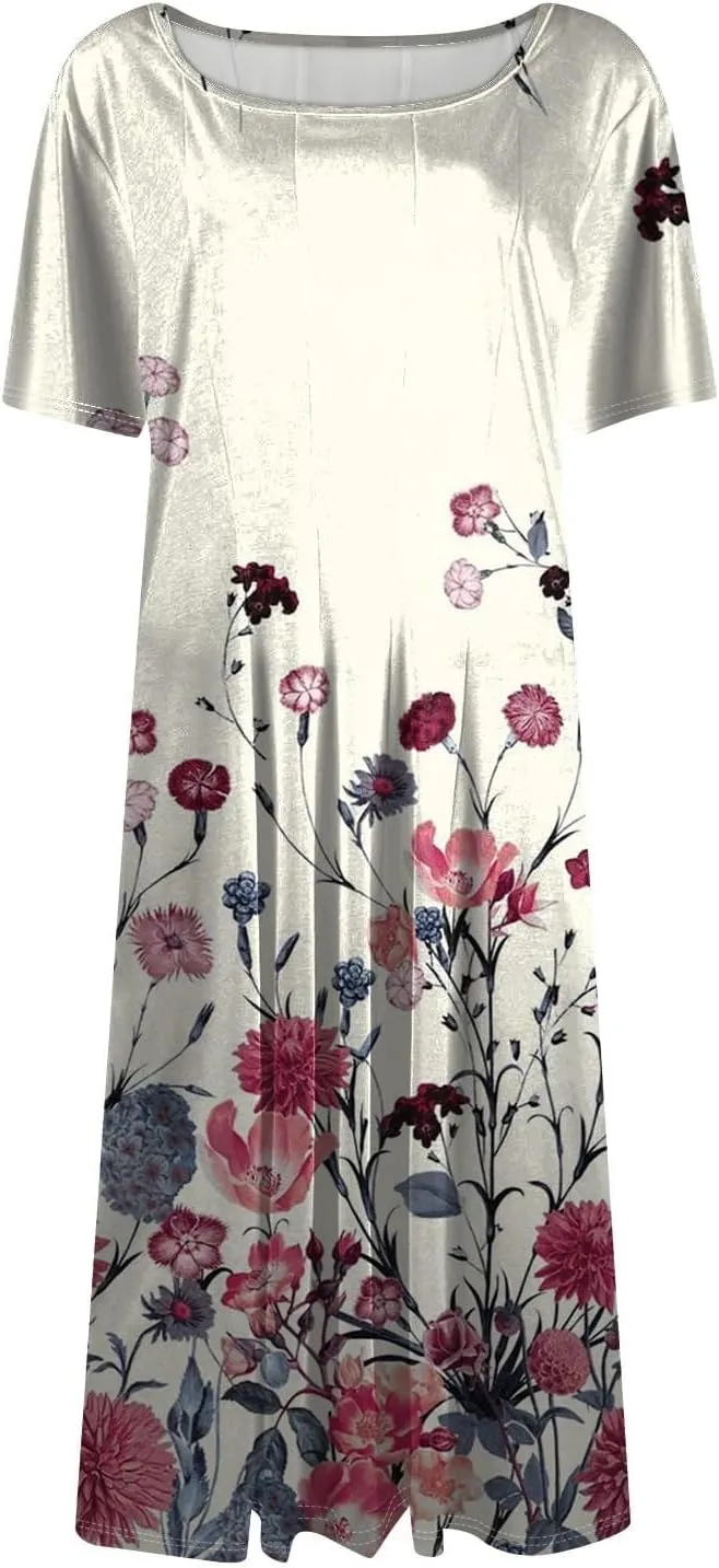 Summer Dresses for Women 2025 Elegant Pleated A Line Short Sleeve Midi Dress Boho Floral Beach Dresses Hawaiian Dress