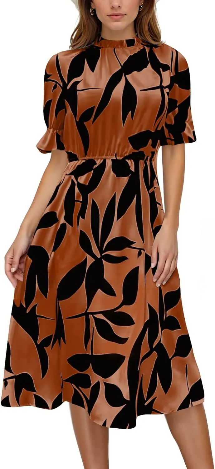 Summer Dresses for Women 2025 Vacation Crewneck Short Sleeve Floral Midi Dress Casual Flowy Summer Beach Dress