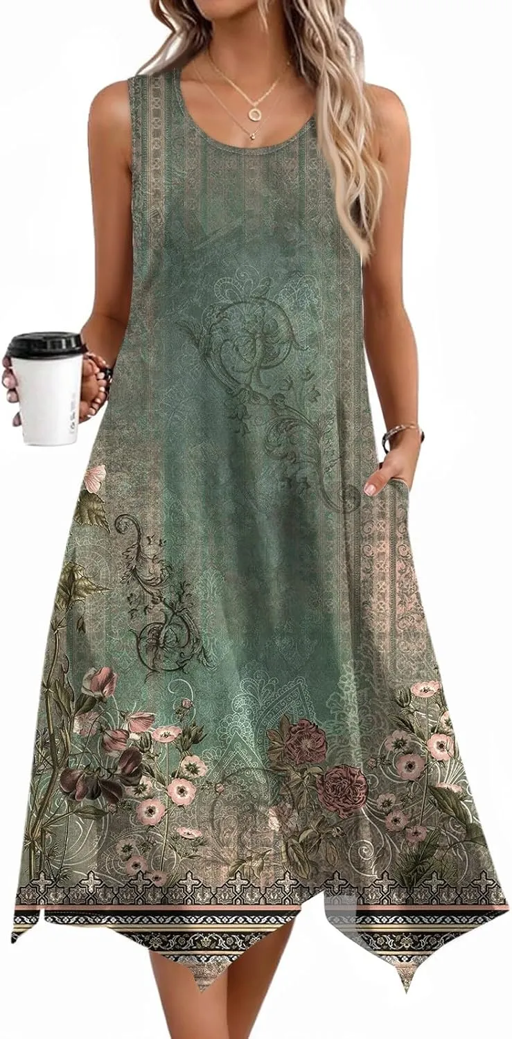 Summer Midi Dresses for Women 2025 Casual Vacation Handkerchief Tank Dress with Pockets Sundress Beach Cover ups