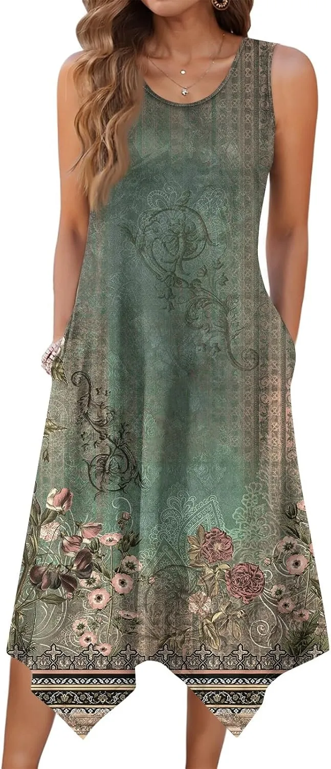 Summer Midi Dresses for Women 2025 Casual Vacation Handkerchief Tank Dress with Pockets Sundress Beach Cover ups