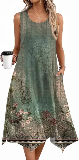 Summer Midi Dresses for Women 2025 Casual Vacation Handkerchief Tank Dress with Pockets Sundress Beach Cover ups