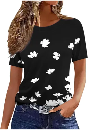Summer Tops for Women 2025 Trendy Feather Print Tee Shirts Short Sleeve Casual T-Shirt Loose Fit Blouse