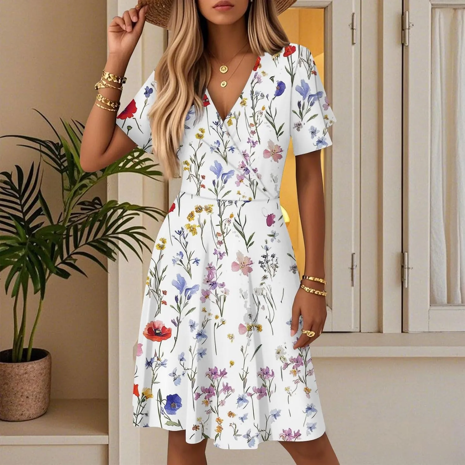 Sundresses for Women 2025 Short Sleeve Cross Wrap V Neck A-Line Midi Dresses Summer Casual Sexy Floral Boho Dress