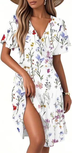 Sundresses for Women 2025 Short Sleeve Cross Wrap V Neck A-Line Midi Dresses Summer Casual Sexy Floral Boho Dress