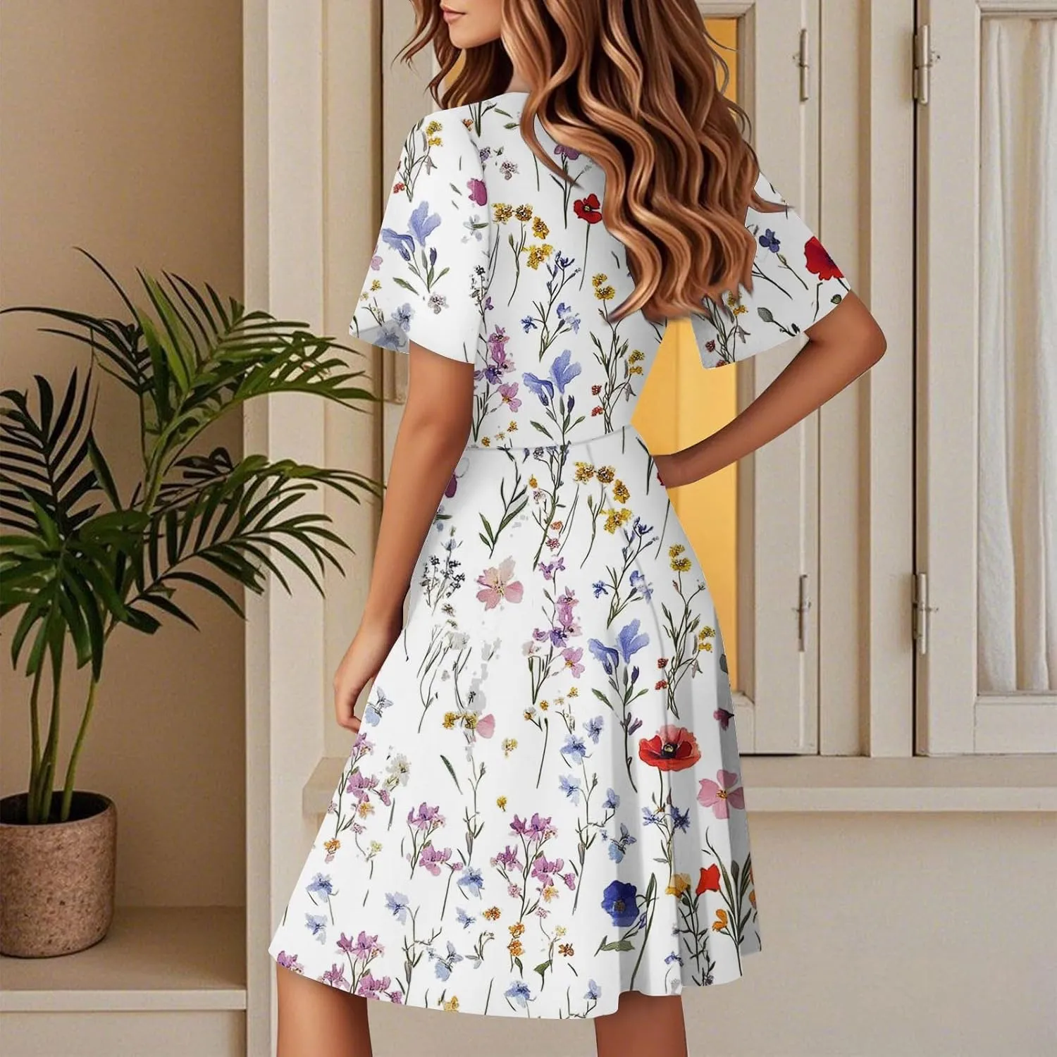 Sundresses for Women 2025 Short Sleeve Cross Wrap V Neck A-Line Midi Dresses Summer Casual Sexy Floral Boho Dress