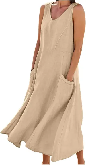 Women Linen Sundress 2025 Summer Maxi Dress with Pockets Sleeveless V Neck Sundresses Loose Lounge Dress Cruisewear