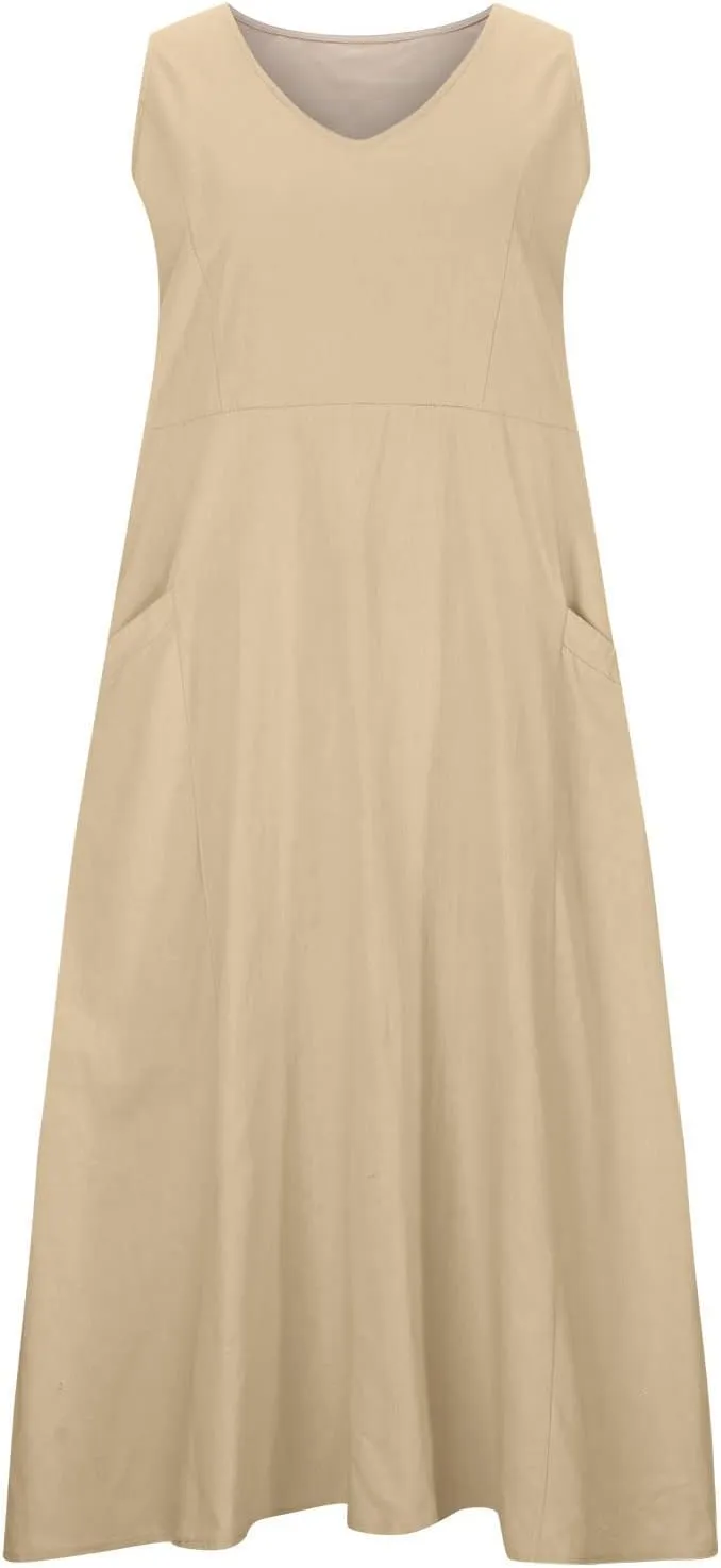 Women Linen Sundress 2025 Summer Maxi Dress with Pockets Sleeveless V Neck Sundresses Loose Lounge Dress Cruisewear
