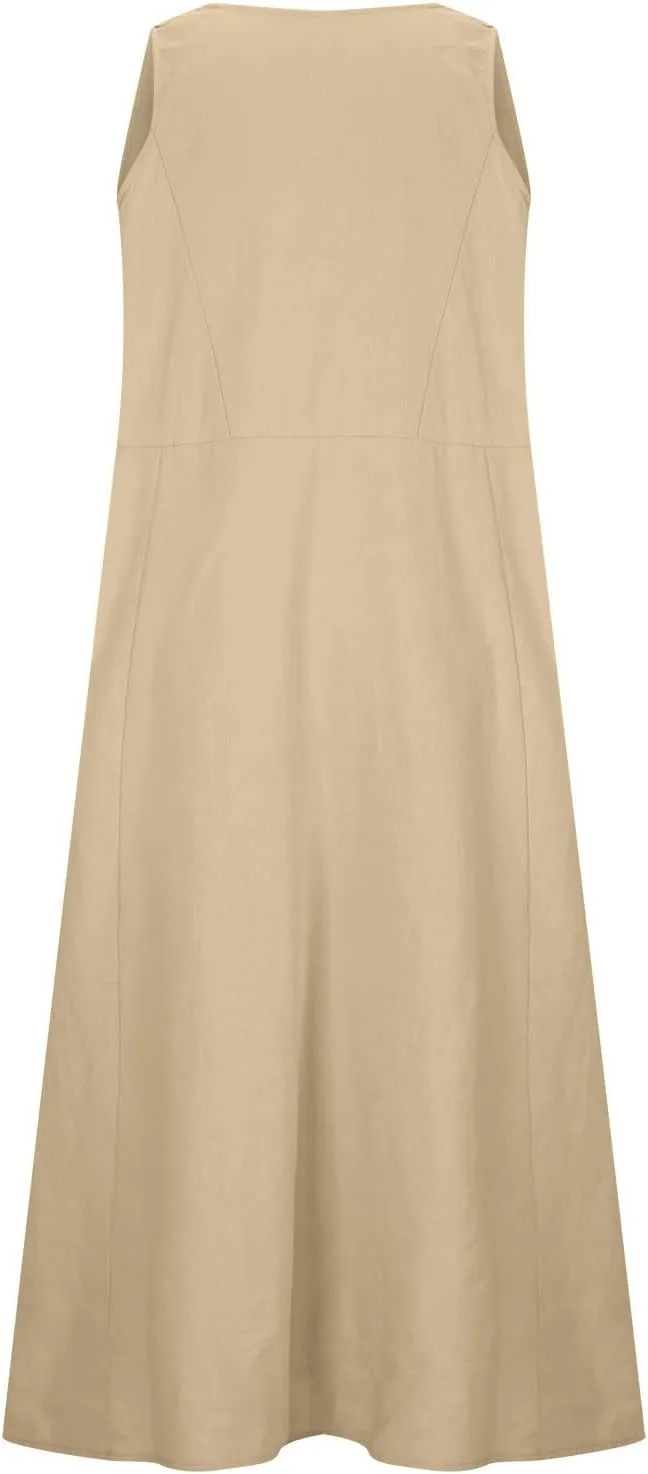Women Linen Sundress 2025 Summer Maxi Dress with Pockets Sleeveless V Neck Sundresses Loose Lounge Dress Cruisewear