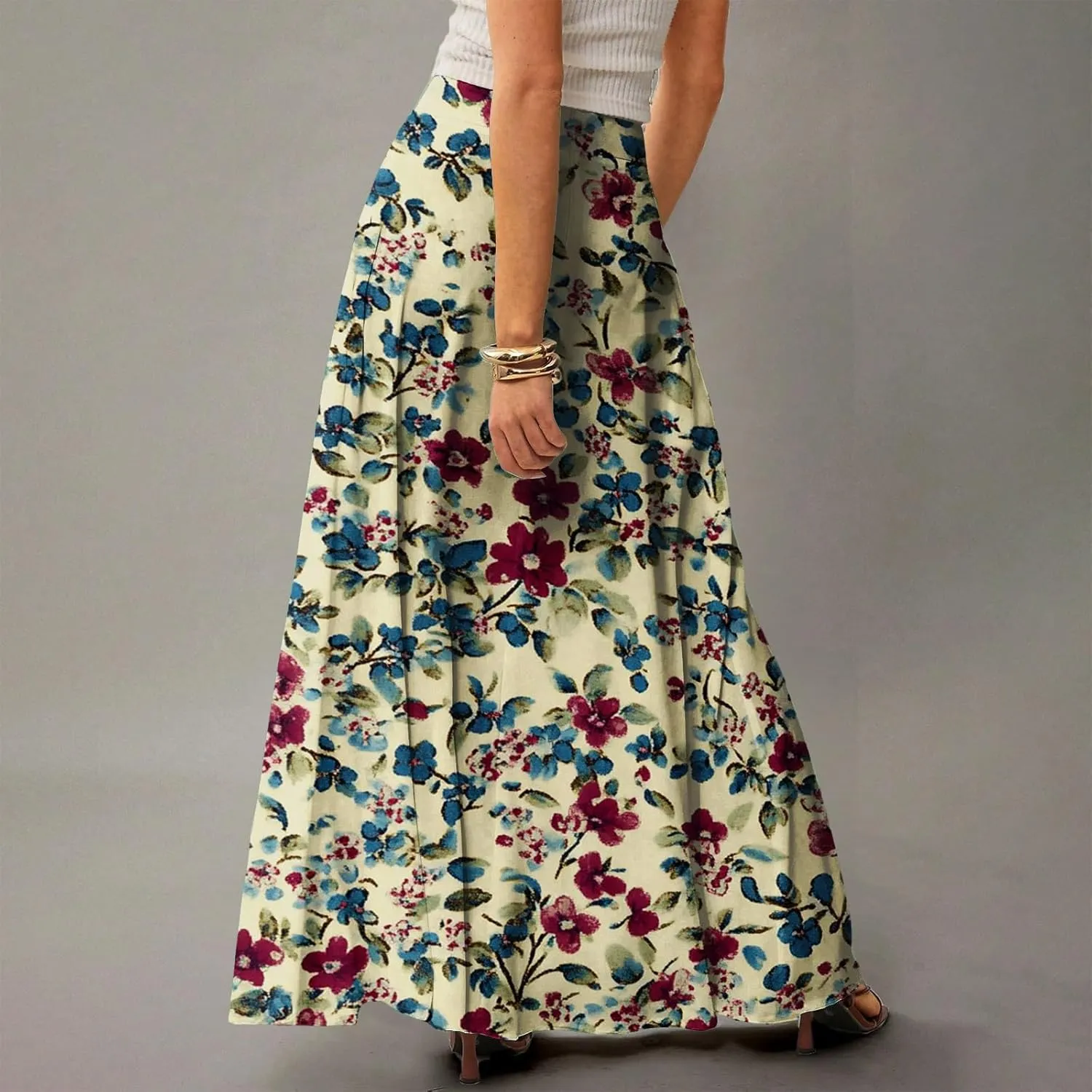 Women's Boho Dresses 2025 Floral Skirt Casual Elastic High Waist Maxi Skirts Flowy A Line Beach Long Skirt, S-2XL