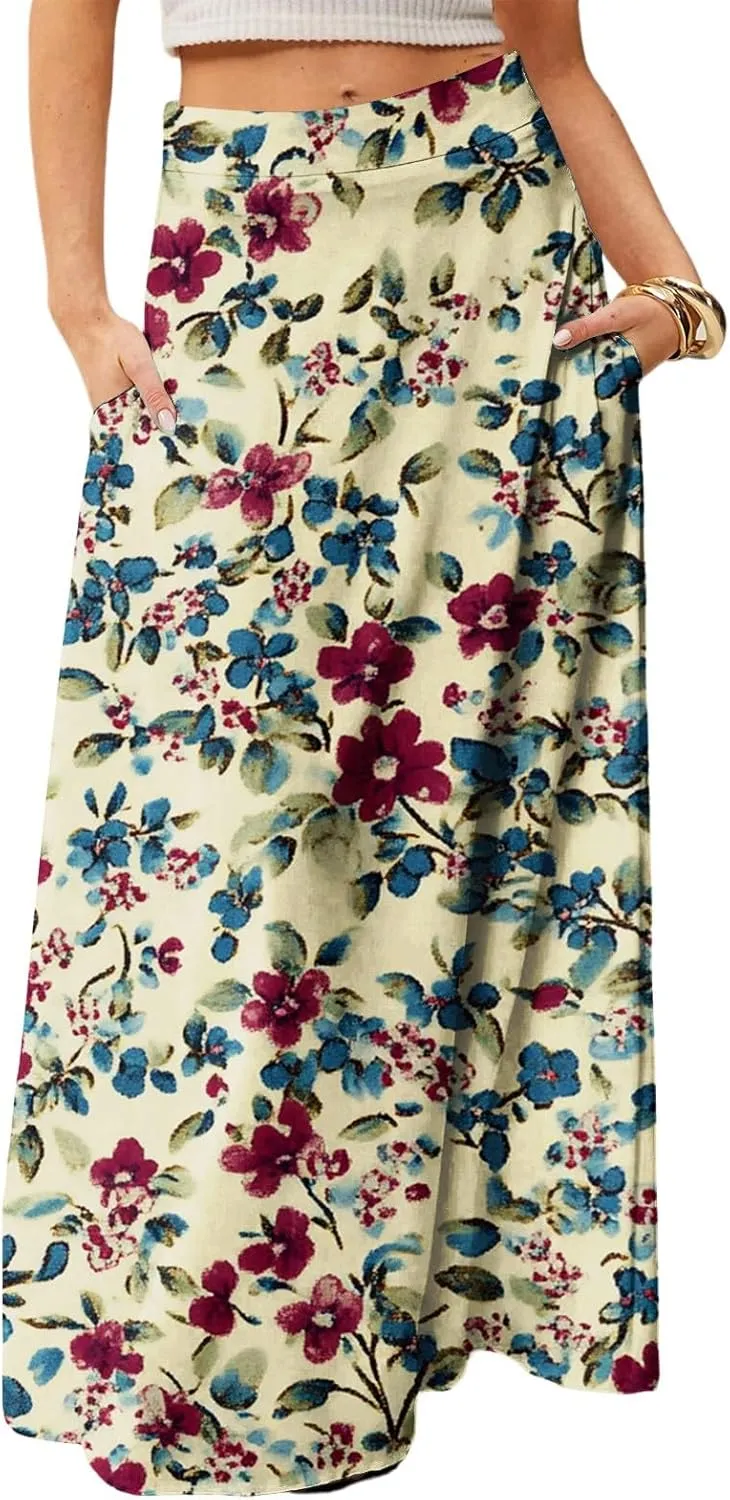 Women's Boho Dresses 2025 Floral Skirt Casual Elastic High Waist Maxi Skirts Flowy A Line Beach Long Skirt, S-2XL