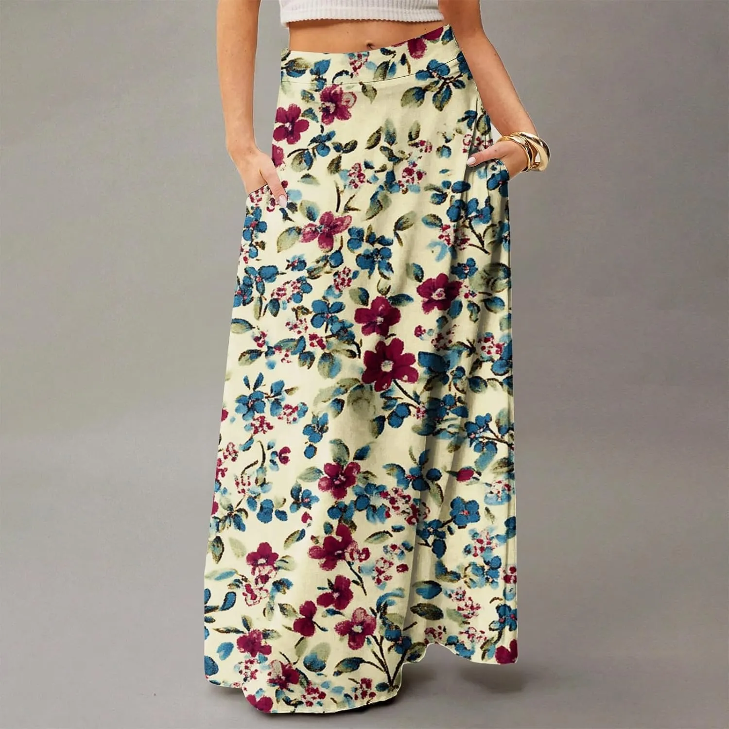 Women's Boho Dresses 2025 Floral Skirt Casual Elastic High Waist Maxi Skirts Flowy A Line Beach Long Skirt, S-2XL