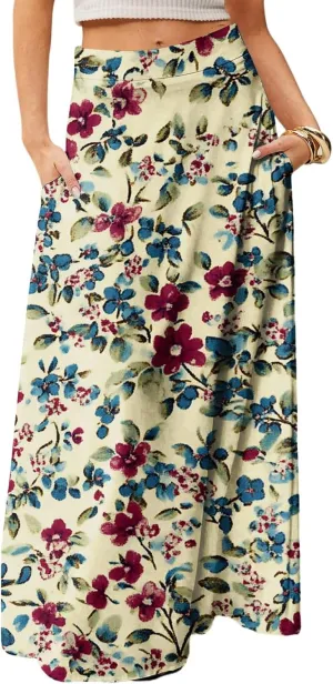 Women's Boho Dresses 2025 Floral Skirt Casual Elastic High Waist Maxi Skirts Flowy A Line Beach Long Skirt, S-2XL