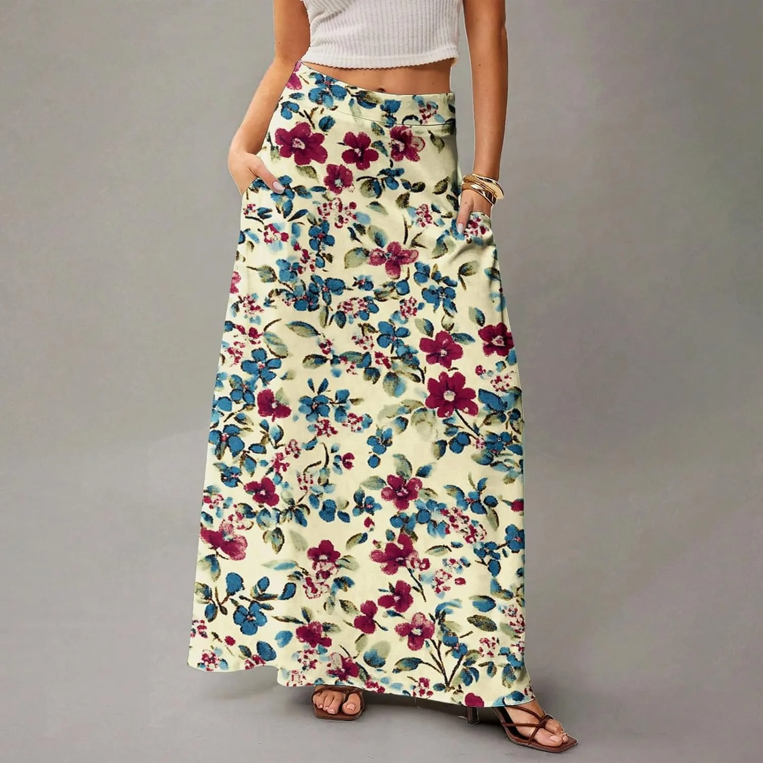 Women's Boho Dresses 2025 Floral Skirt Casual Elastic High Waist Maxi Skirts Flowy A Line Beach Long Skirt, S-2XL