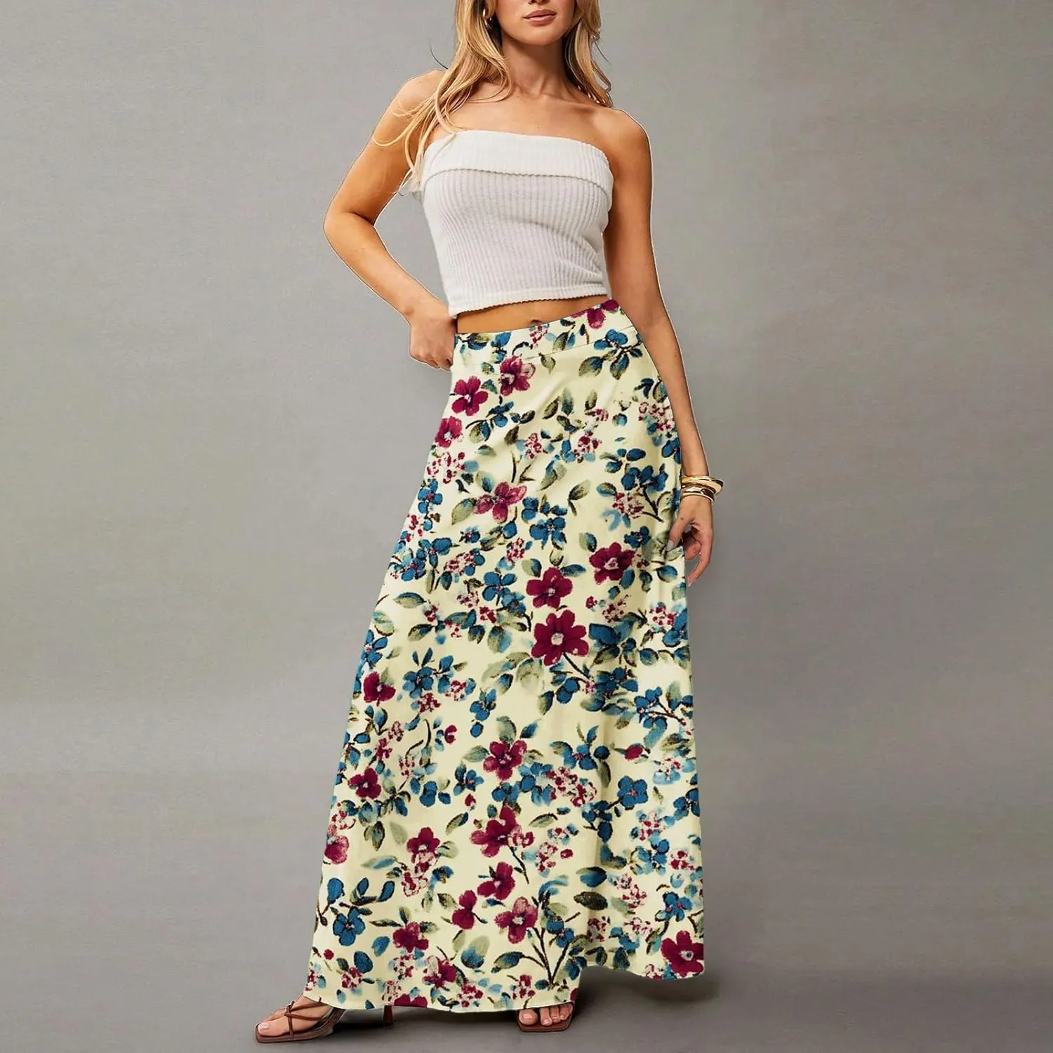 Women's Boho Dresses 2025 Floral Skirt Casual Elastic High Waist Maxi Skirts Flowy A Line Beach Long Skirt, S-2XL
