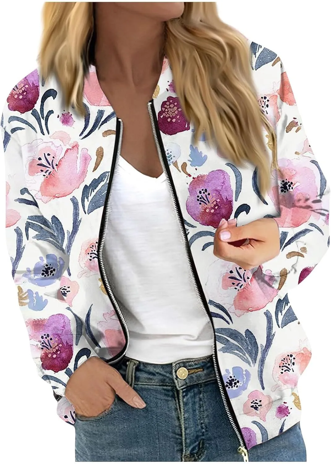 Women's Bomber Jacket Long Sleeve Casual Coat Zip Up Outerwear Windbreaker with Pockets