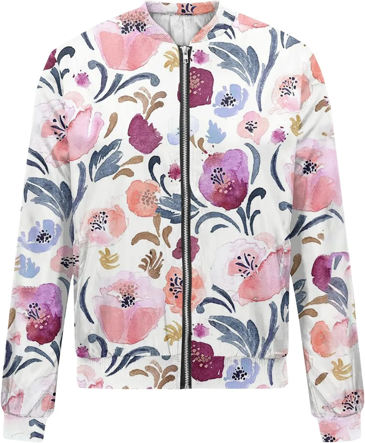 Women's Bomber Jacket Long Sleeve Casual Coat Zip Up Outerwear Windbreaker with Pockets