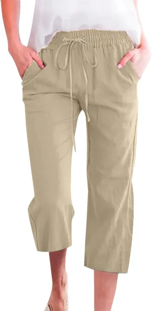 Womens Capri Linen Pants Summer 2025 Casual Drawstring High Waisted Straight Wide Leg Travel Dressy Cropped Trousers