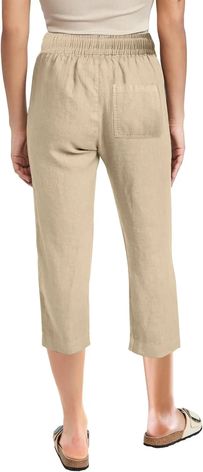 Womens Capri Linen Pants Summer 2025 Casual Drawstring High Waisted Straight Wide Leg Travel Dressy Cropped Trousers